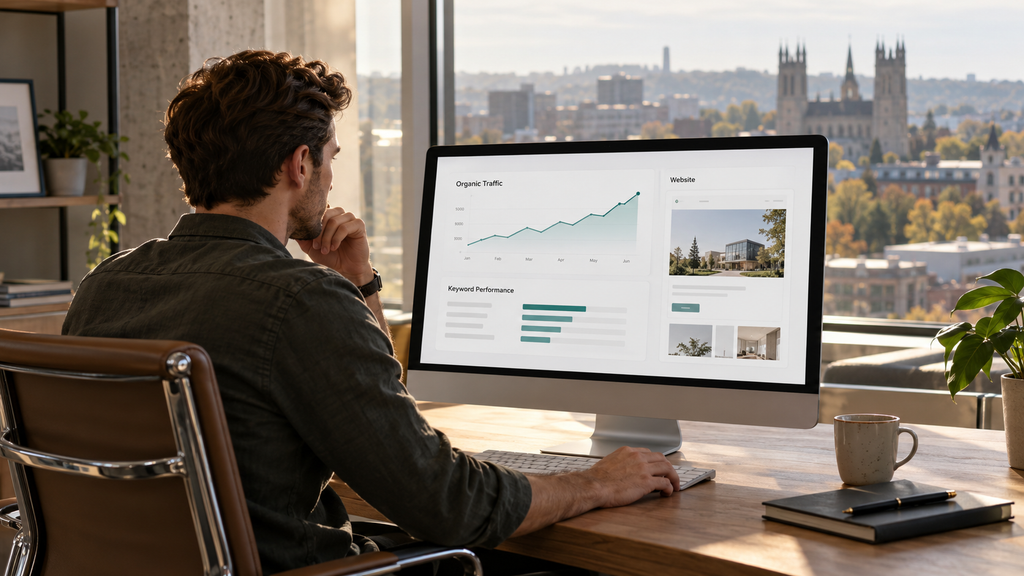 SEO specialist analyzing local search queries, website performance, and Guelph service areas