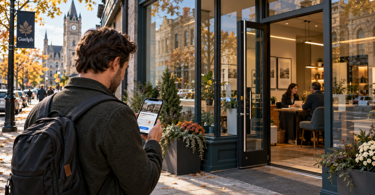 Customer using a smartphone outside a local Guelph business after searching for services online.
